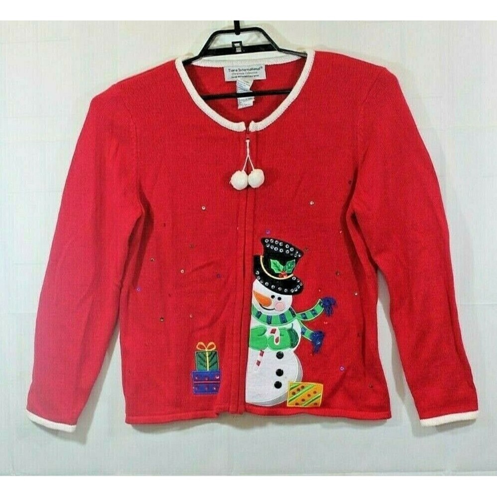 Tiara Intl Red Christmas Cardigan Snowman Full Zip Ugly Sweater Women’s M - Picture 2 of 4